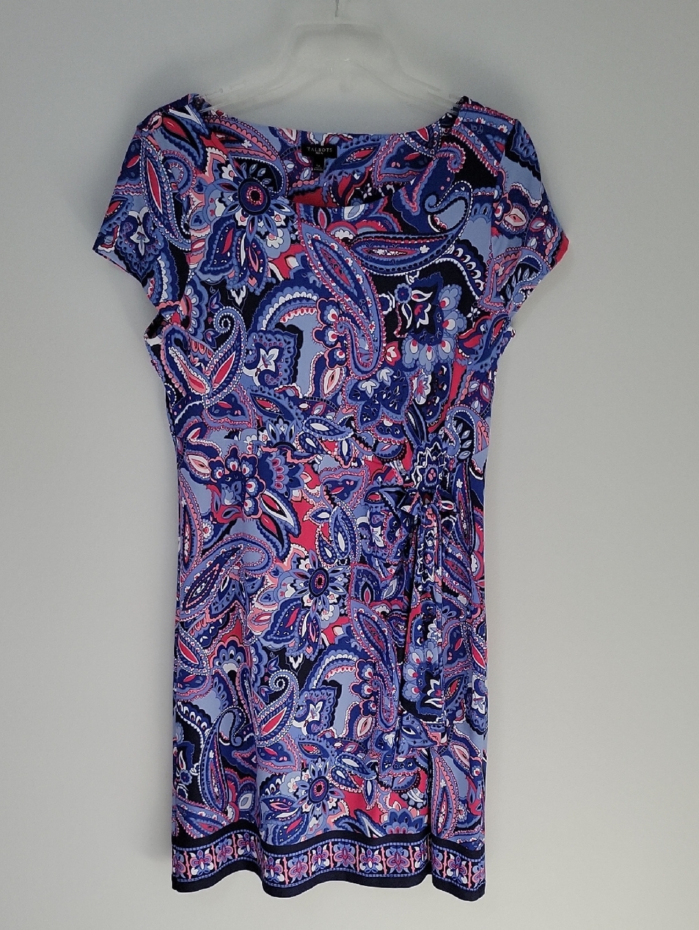Talbots Blue Pink Paisley Cap-Sleeve Dress, Size Large Petite